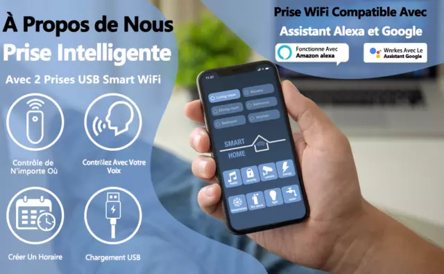 Prise Connectée Wifi 2 USB 16A Compatible Android iOS Alexa Google Minuterie