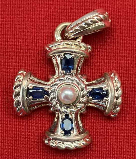 JUDITH RIPKA STERLING Silver 925 Sapphire Pearl Maltese Cross Pendant ...
