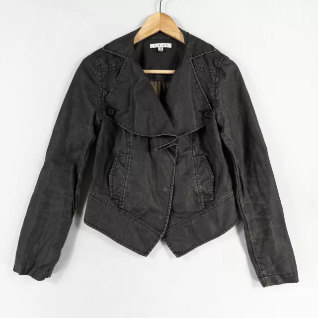 CAbi Waxed Linen Moto Jacket Womens XS Black Ruffle Snap Front Pockets Cropped