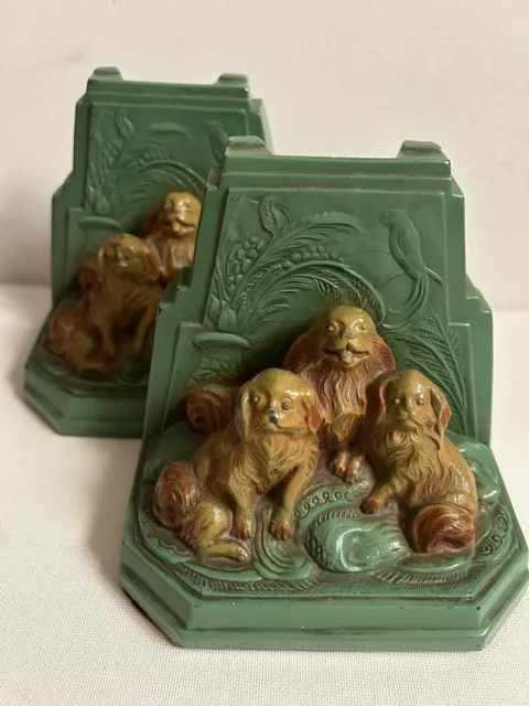 Set Antique Ronson USA Pekingese Chinese Dogs Sculpture Art Deco Metal Bookends