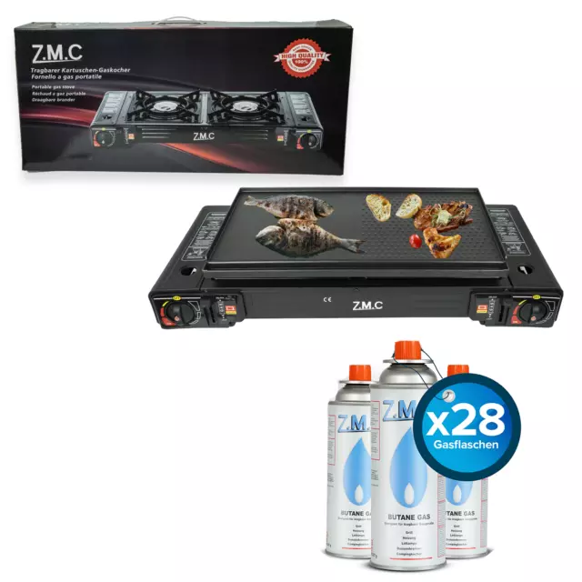 ZMC Campingkocher 2 flammig Outdoor Camping Gaskocher Grillplatte +Gaskartuschen
