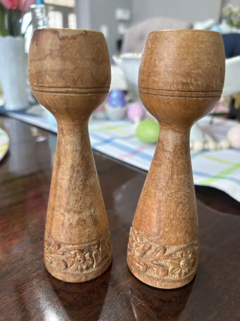 Vintage India Hand Carved Wooden Candlestick Pair 6" x 2" - very intricate carv