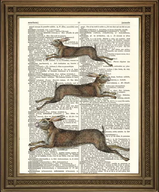 LEAPING HARES ART: Brown Animal Print, Wall Hanging on Vintage Dictionary Paper