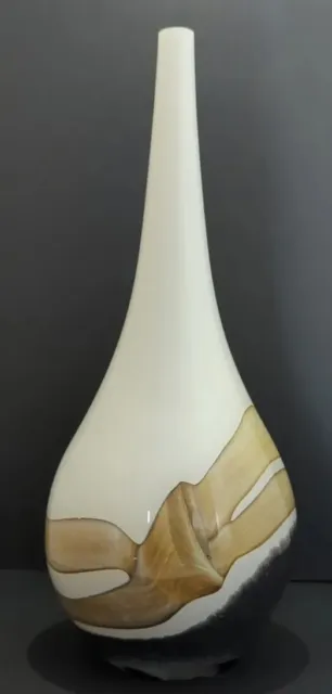Tall 12" Hand Blown Art Glass Bud Vase White Brown Swirl Blue Base Abstract MCM