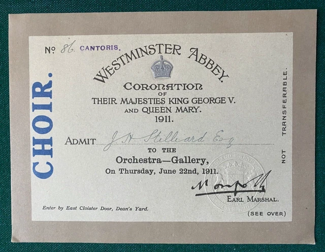 Antique Royal Pass Coronation King George Queen Mary Choir Baritone Stilliard
