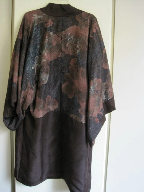 Unisex KIMONO MEN'S ROBE Coat Jacket DARK BROWN lined Haori costume vtg