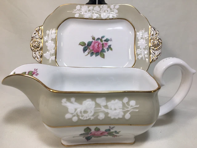 Spode 'Maritime Rose' Gray GRAVY/SAUCE BOAT & STAND Y7264 - Mint!