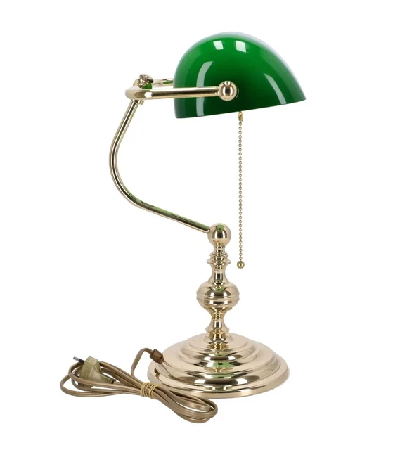 FIRVRE Bleu Lampe de Bureau en Verre pour Banquier avec Pied Bronze Lampe de Table avec Interrupteur à Chaîne à Tirer pour Bureaux Salles D'études et