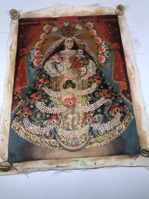 Cusco School Peru Original Oil Painting Virgin Mary & Baby Jesus Gold Leaf 17x14