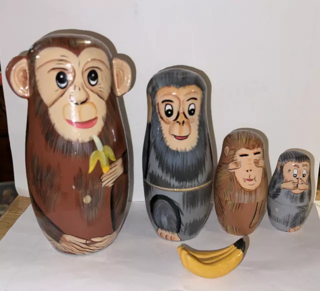 Wooden Monkey Nesting Dolls Hear No Evil See No Evil Speak No Evil with Bananas