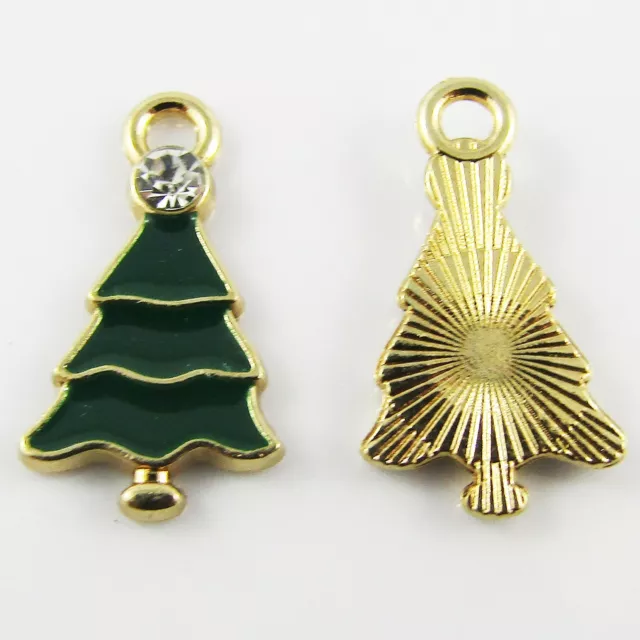 Bulk 10pce Enamel Rhinestone Christmas Tree Charm Pendant 20x11mm