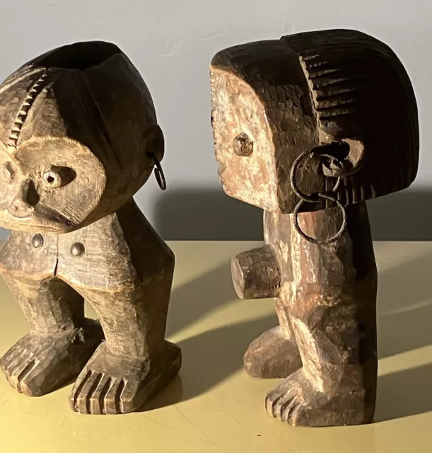 Pair VINTAGE AFRICAN STATUES ZANDE TRIBAL FETISH WOOD 2 Figures DRC CONGO LEGA