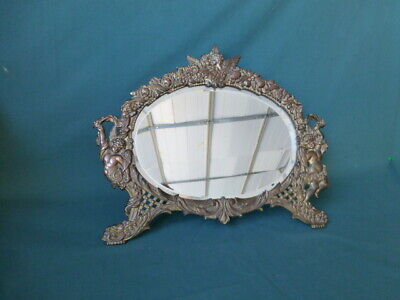 Antique Cast Iron Gilded Stand Up Dresser Mirror with Cherubs and Beveled Mirror