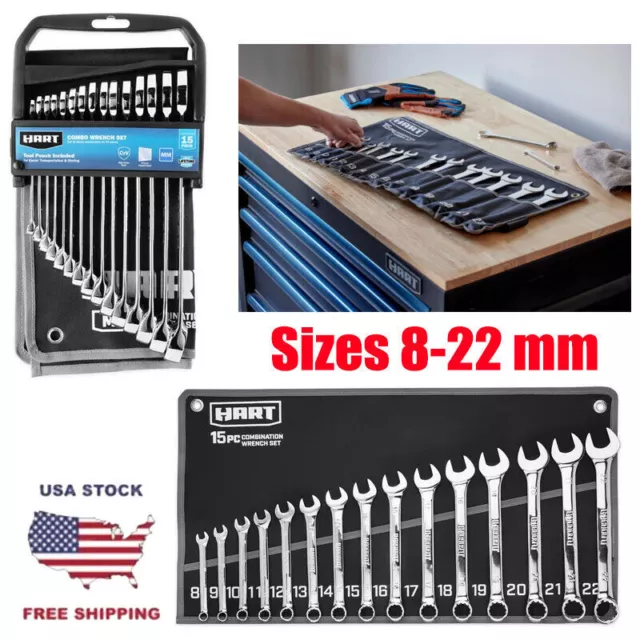 15-Piece MM Combination Wrench Set with Tool Pouch, Chrome Finish, Sizes 8-22 mm