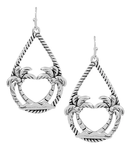 Womens Silver Rope Earrings Palm Tree Teardrop Hoop Earring New