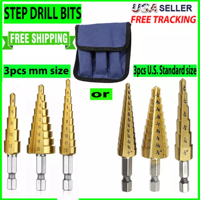3pcs Titanium Drill Bits Set Step Cone Hole Cutter HSS Large Tool With Pouch