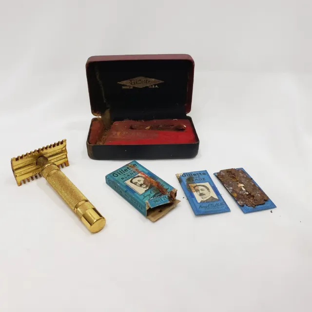 Gillette Razor Gold Tone & Blades in Case 1930s Shaving Collectible No 17567