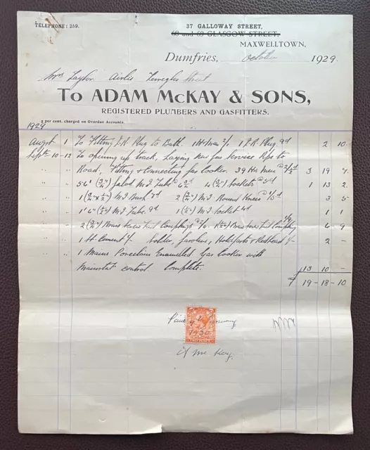 1929 Adam McKay & Sons, Plumbers, Galloway Street, Maxwelltown, Dumfries Invoice