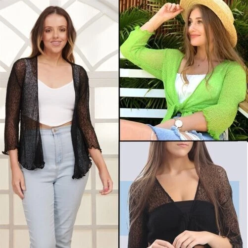 Donna Legare Maglia Aperto Davanti Bolero Coprispalle Top Corto Cardigan Corto