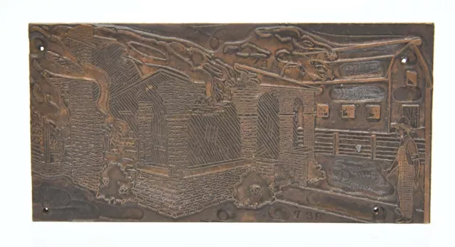 Vintage Letterpress Copper On Metal Printers Block Of Barn Fire Scene #1