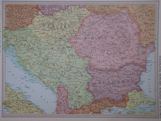 Vintage 1967 Rand McNally Atlas Map ~ HUNGARY, ROMANIA, BULGARIA, YUGOSLAVIA