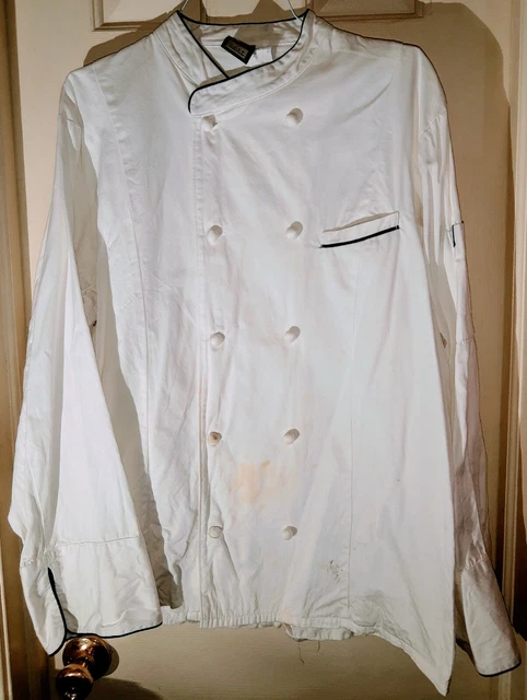 Men's Medium Long Sleeve Chef Coat with Black Trim. Has some spots