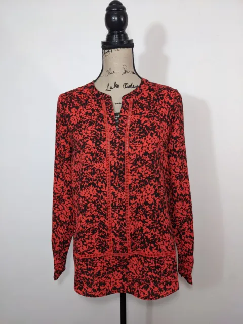 MICHAEL KORS Women's Red Black Leaf Graphic Print Blouse Top V-neck Size Small