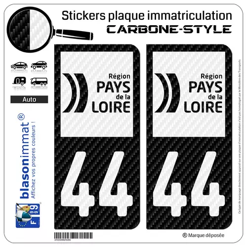 2 Stickers plaque immatriculation 44 Pays de la Loire - LT bi-ton Carbone-Style