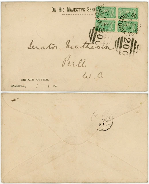 AUSTRALIA 1903 SENATE OFFICE OFFICIAL + BLOCK VICTORIA S.YARRA to PERTH MATHESON