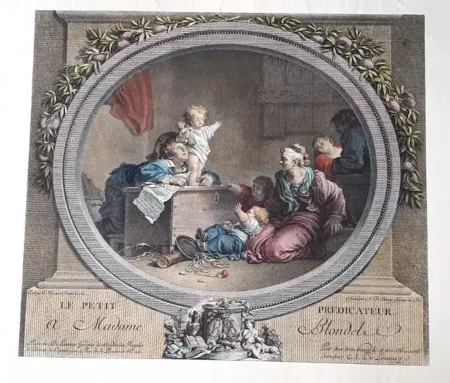 Grande gravure aquarellée à la main "Le petit prédicateur" Fragonard De Launay