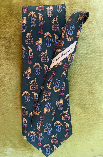 Vintage Salvatore Ferragamo Pure Silk Tie Cheetah Circus Dark Green