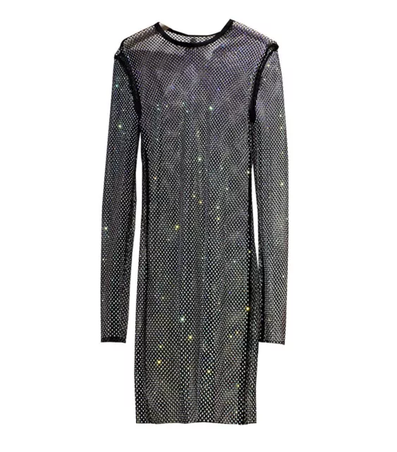 Women Shiny Full Rhinestone Mesh Midi Dress Slim Sheer Evening Dress Party