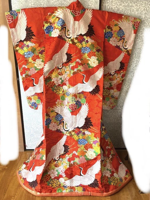 Japanese Kimono Iro Uchikake Luxurious Wedding Pure Silk Red Crane embroidery