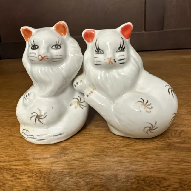 Pair of Ceramic Cat Figurines W/ Gold Accents Handpainted Made in China 3” VTG