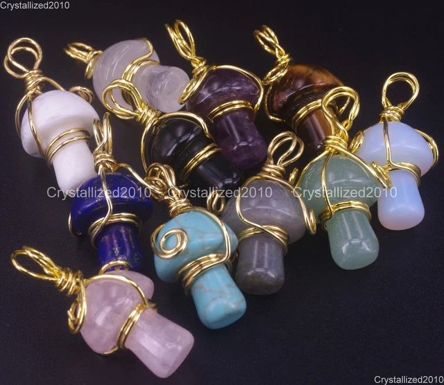 Natural Gemstone Mushroom Shape Reiki Chakra Healing Pendant Bead Wire Wrap Gold