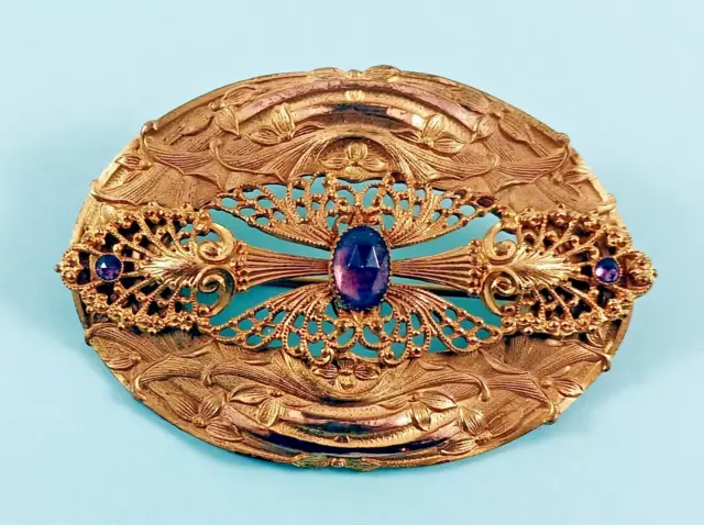 Antique Victorian Art Nouveau Amethyst Purple Glass Gilt Brass Sash Pin