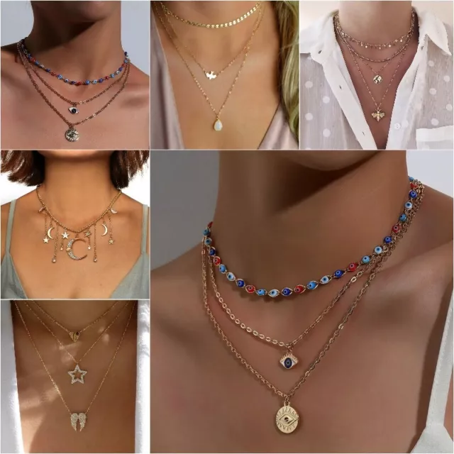 Women Multi-layer Long Chain Pendant Crystal Choker Necklace Boho Jewelry Gifts