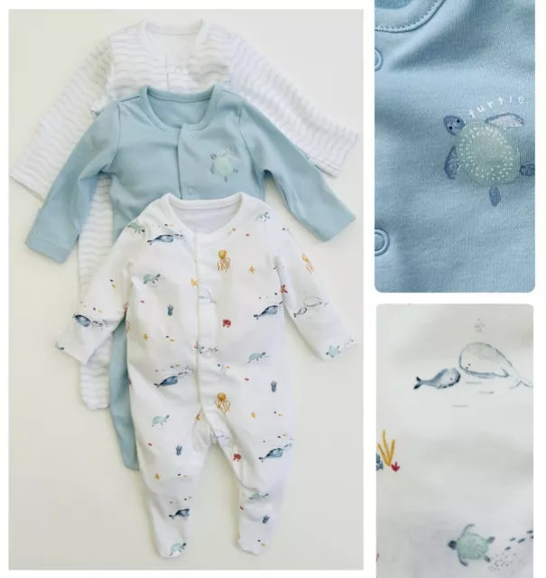 Confezione da 3 pigiami bambini cura della madre blu mare vita puro cotone bambino cresce NUOVO