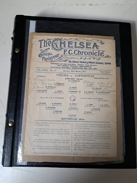 Chelsea V Cliftonville 30 March 1936 Programme Single Sheet Vgc Pencil Score