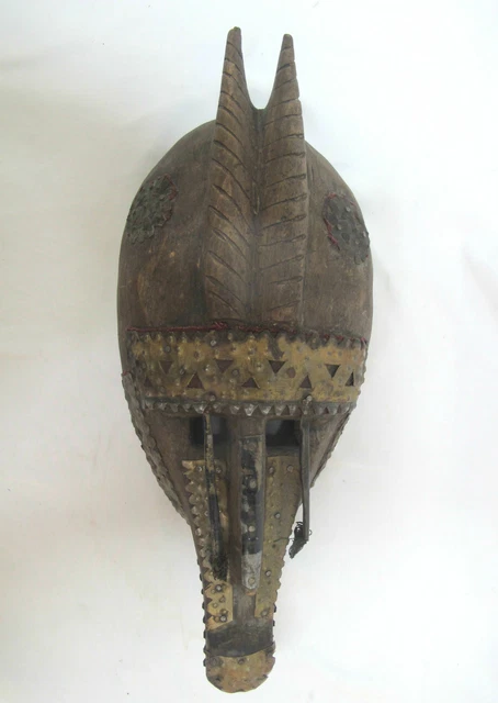 Carved AFRICAN Mark Wood 16 1/2" Mask w/HORNS & Brass Strapwork