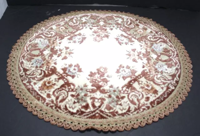 VTG Velvet Tapestry 14" Round Table Dresser Doily 1" Trim Beige Pink Rust Blue