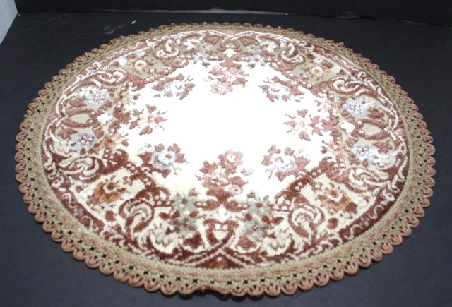 VTG Velvet Tapestry 14" Round Table Dresser Doily 1" Trim Beige Pink Rust Blue