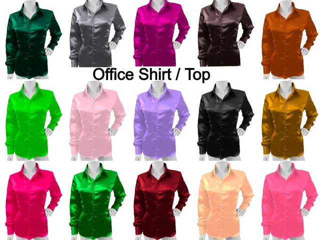 Manica Lunga Raso Shirt Camicetta Festa Top Punto Colletto Collo Seta Donna Wear