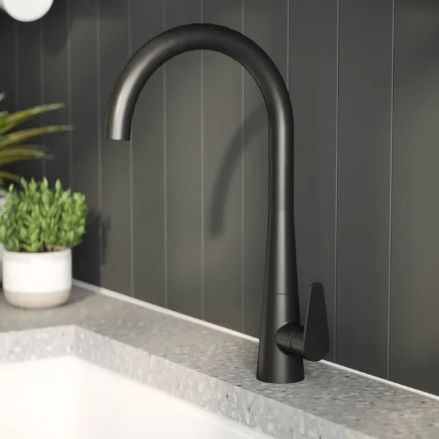 Nuie Samir Matt Black Mono Kitchen Sink Mixer Swivel Tap Single Lever Handle 2