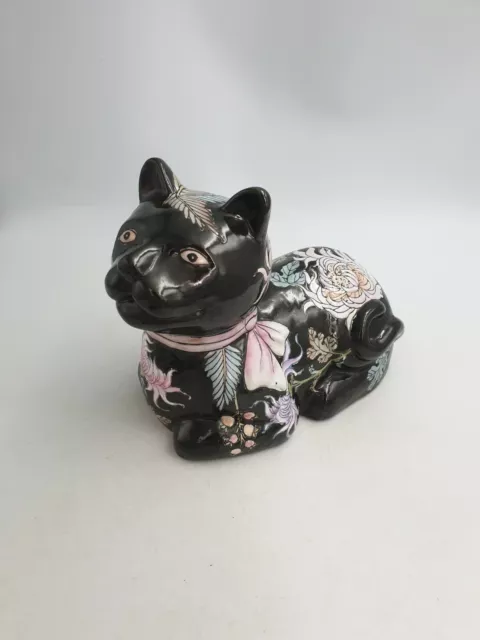 Chinese Porcelain Large Sitting Cat Figurine Hand Painted Floral Textured Black