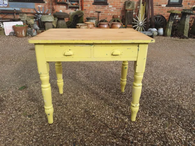 Victorian Plank Top Pine Kitchen Table Dining Two Draw Yellow