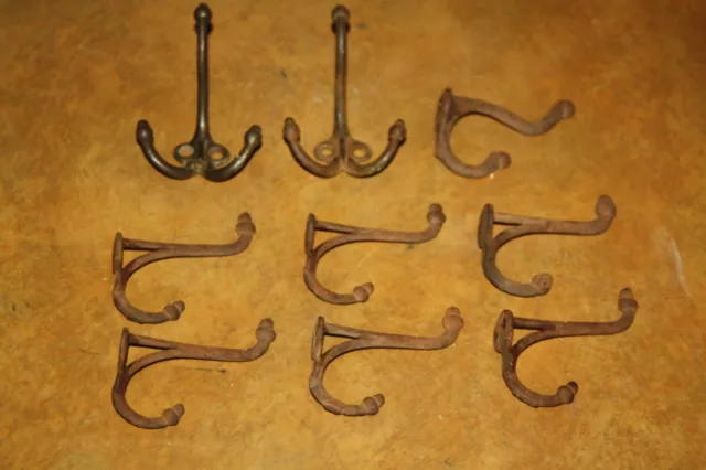 Group of 9 Vintage Cast Iron Double & Triple Acorn Coat Hooks-School - Farmhouse