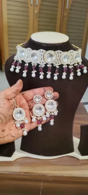 American Diamond Bridal Choker Set With Earrings And Tikka Heavy AD Necklace Set