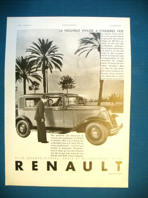 Publicite De Presse Renault 6 Cylindres Vivasix Automobile Spacieuse Ad 1931