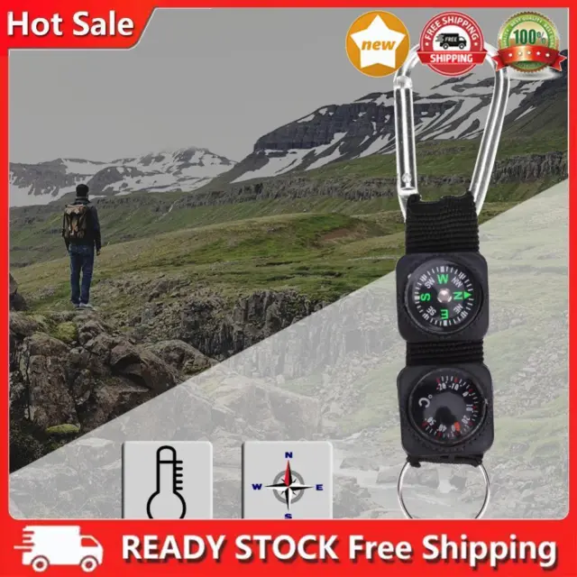 3 in 1 Carabiner Ring Black Compass Thermometer Hanger for Mountaineering Hiking